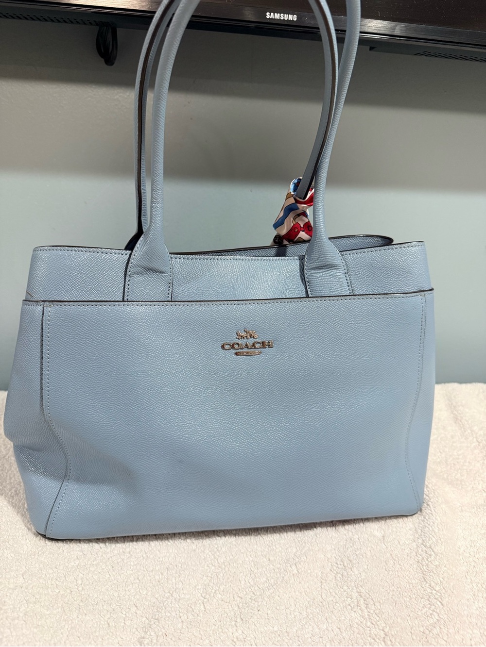 Coach Powder Blue Leather Tote with Gold Logo Hardware